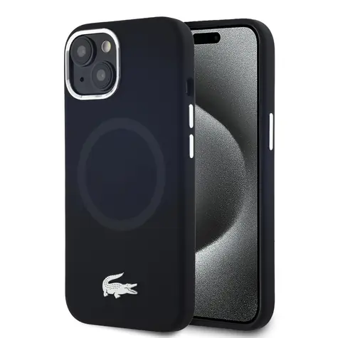 Lacoste Liquid Silicone Microfiber Silver Croc Logo MagSafe Zadní Kryt pro Apple iPhone 15 černá