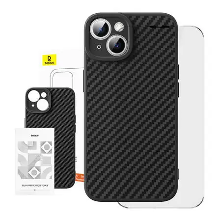 Baseus P60163500111-01 Synthetic Fiber Pouzdro pro Apple iPhone 15 Plus černá / + tvrzené sklo  