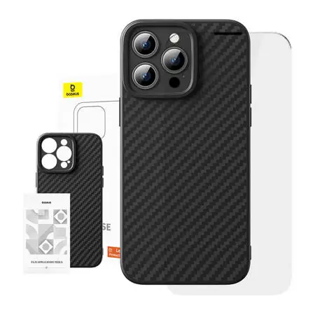 Baseus P60163500111-01 Synthetic Fiber Pouzdro pro Apple iPhone 15 Pro černá / + tvrzené sklo  