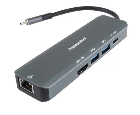 PremiumCord adaptér USB-C na HDMI + 2x USB3.2 + PD 100W+ RJ45 10/100/1000Mbps