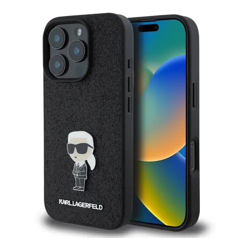 Karl Lagerfeld Fixed Glitter Metal Ikonik Zadní Kryt pro Apple iPhone 16 Pro černá