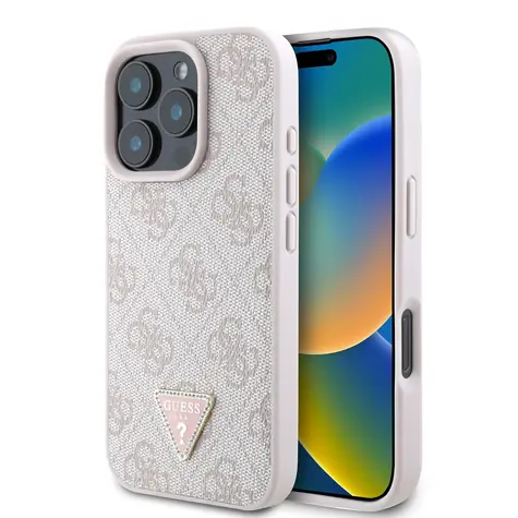 Guess PU 4G Strass Triangle Metal Logo Zadní Kryt pro Apple iPhone 16 Pro Max růžová