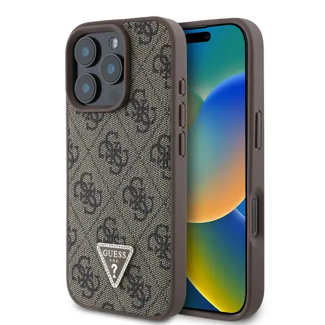 Guess PU 4G Strass Triangle Metal Logo Zadní Kryt pro Apple iPhone 16 Pro Max hnědá