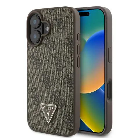 Guess PU 4G Strass Triangle Metal Logo Zadní Kryt pro Apple iPhone 16 hnědá