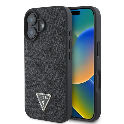Guess PU 4G Strass Triangle Metal Logo Zadní Kryt pro Apple iPhone 16 černá