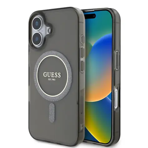 Guess IML Glitter Ring MagSafe Zadní Kryt pro Apple iPhone 16 černá