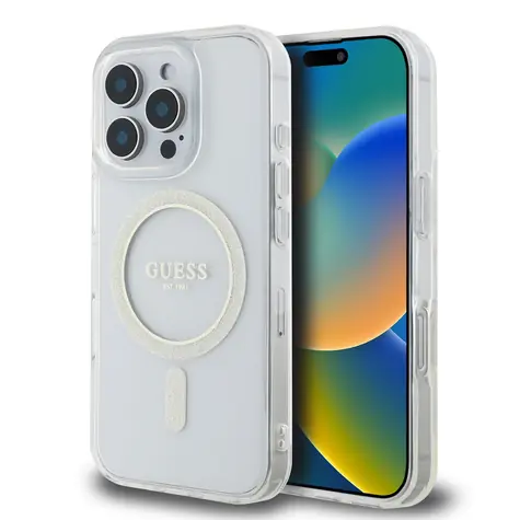 Guess IML Glitter Ring MagSafe Zadní Kryt pro Apple iPhone 16 Pro čirá
