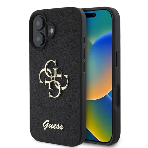 Guess PU Fixed Glitter 4G Metal Logo Zadní Kryt pro Apple iPhone 16 Plus černá