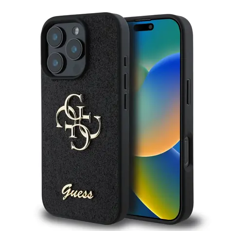 Guess PU Fixed Glitter 4G Metal Logo Zadní Kryt pro Apple iPhone 16 Pro Max černá