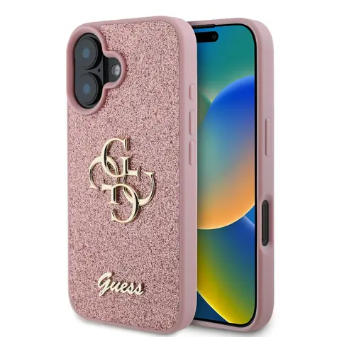 Guess PU Fixed Glitter 4G Metal Logo Zadní Kryt pro Apple iPhone 16 růžová