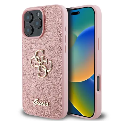 Guess PU Fixed Glitter 4G Metal Logo Zadní Kryt pro Apple iPhone 16 Pro Max růžová