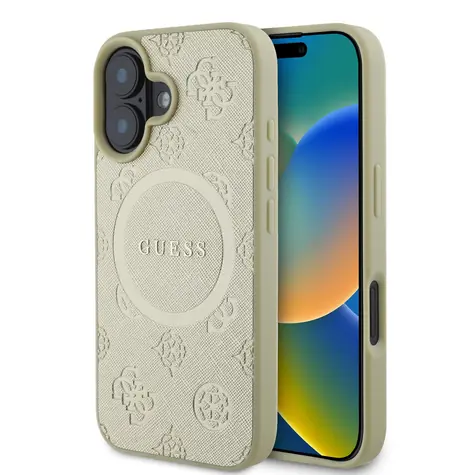 Guess Saffiano Peony Stamp MagSafe Zadní Kryt pro Apple iPhone 16 zlatá