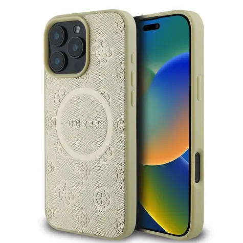 Guess Saffiano Peony Stamp MagSafe Zadní Kryt pro Apple iPhone 16 Pro zlatá