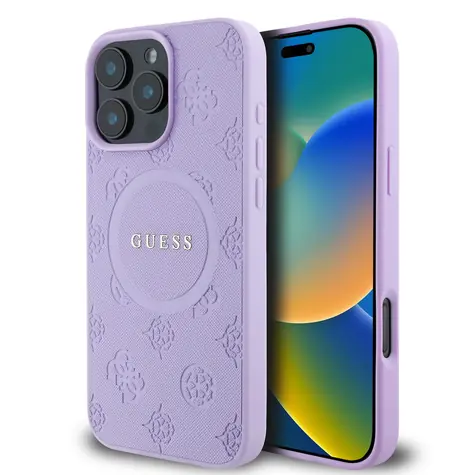 Guess Saffiano Peony Stamp MagSafe Zadní Kryt pro Apple iPhone 16 Pro Max fialová