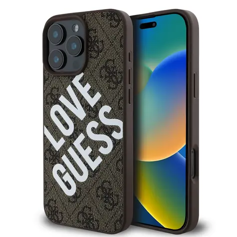 Guess PU Leather 4G Big Love Logo MagSafe Zadní Kryt pro Apple iPhone 16 Pro hnědá