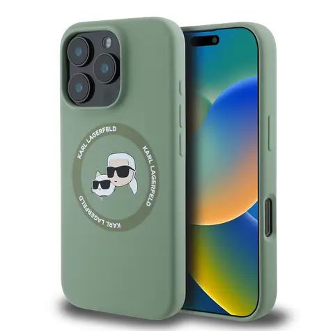 Karl Lagerfeld Liquid Silicone K&CH Heads MagSafe Zadní Kryt pro Apple iPhone 16 Pro Max Kaki