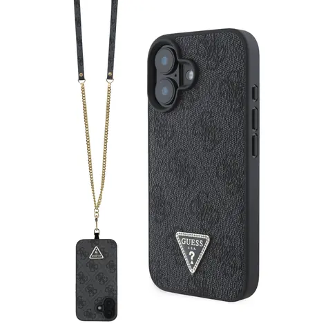 Guess PU 4G Strass Triangle Metal Logo Zadní Kryt + Crossbody Popruh pro Apple iPhone 16 černá