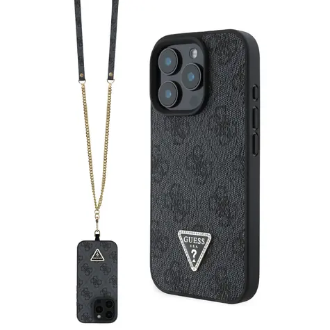 Guess PU 4G Strass Triangle Metal Logo Zadní Kryt + Crossbody Popruh pro Apple iPhone 16 Pro černá