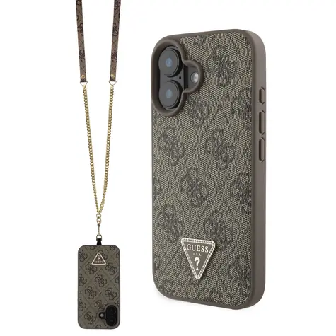 Guess PU 4G Strass Triangle Metal Logo Zadní Kryt + Crossbody Popruh pro Apple iPhone 16 hnědá