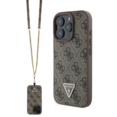 Guess PU 4G Strass Triangle Metal Logo Zadní Kryt + Crossbody Popruh pro Apple iPhone 16 Pro hnědá
