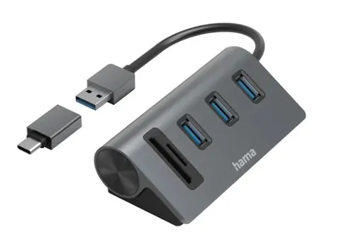 Hama 200140 USB-A/C hub šedá / 3x USB-A / microSD / SD