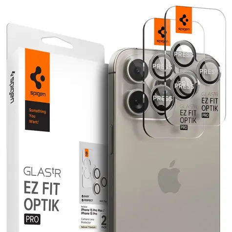 Spigen Glass tR EZ Fit Optik Pro Ochranná skla čoček fotoaparátů pro Apple iPhone 15 Pro/15 Pro Max přírodní titan 2ks