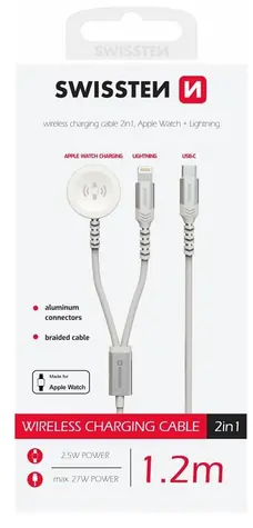 SWISSTEN Magnetický kabel pro Apple Watch a Lightning 1.2m bílá / USB-C / 2v1 / 60W / opletený