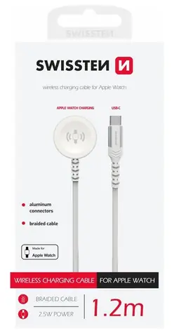 SWISSTEN Kovový magnetický kabel pro Apple Watch USB-C 1.2m bílá / 2.5W / 2 A