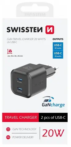 SWISSTEN Síťový adaptér GaN 2x USB-C 20W černá / PD