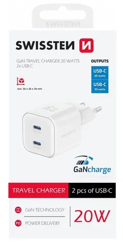 SWISSTEN Síťový adaptér GaN 2x USB-C 20W bílá / PD