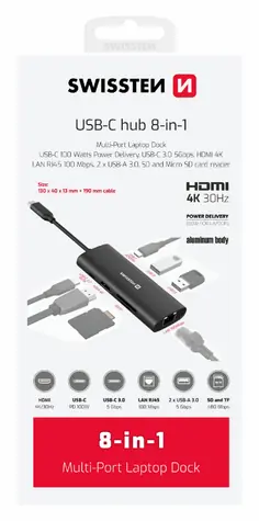 SWISSTEN USB-C HUB 8-IN-1 / USB-C PD / USB-C 3.0 / 2x USB 3.0 / LAN / HDMI / SD / MicroSD / hliník