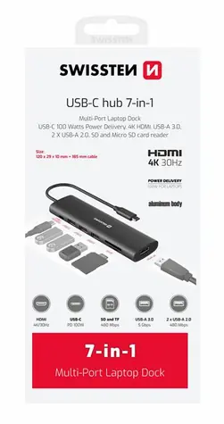 SWISSTEN USB-C HUB 7-IN-1 / USB-C PD / USB 3.0 / 2x USB 2.0 / HDMI / SD / MicroSD / hliník
