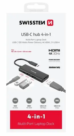 SWISSTEN USB-C HUB 4-IN-1 / USB-C PD / USB 3.0 / USB 2.0 / HDMI / hliník