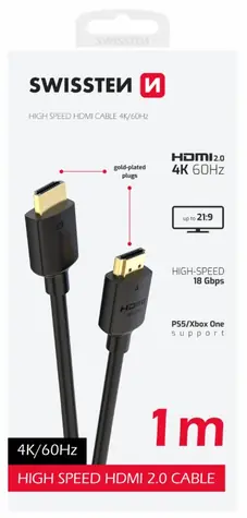 SWISSTEN Kabel HDMI 2.0 (M) - HDMI 2.0 (M) 1m černá / 18 Gbps / 4K / 60Hz / zlacené kontakty
