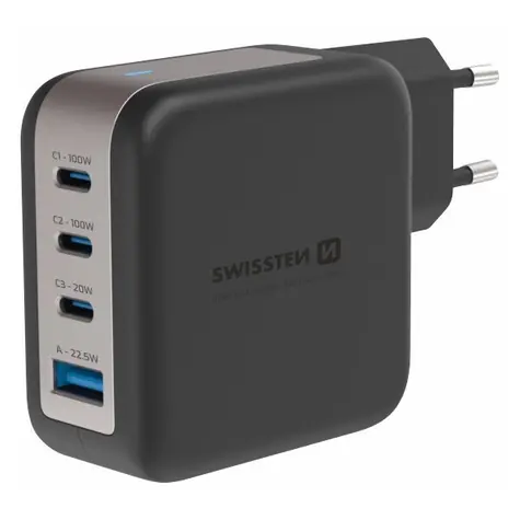 SWISSTEN Síťový adaptér GaN černá / 3x USB-C 100W PD / USB 18W QC