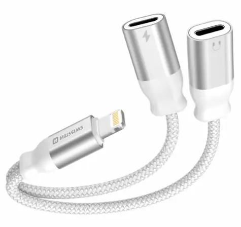 SWISSTEN TEXTILE Nabíjecí audio adaptér Lightning (M) - 2x Lightning (F) 0.12m bílá