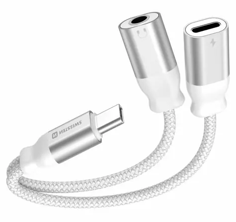 SWISSTEN TEXTILE Nabíjecí audio adaptér USB-C (M) - USB-C (F) - 3.5mm jack 0.12m bílá