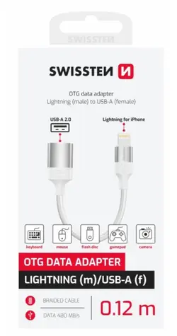SWISSTEN TEXTILE OTG adaptér Lightning (M) na USB-A (F) 0.13m bílá