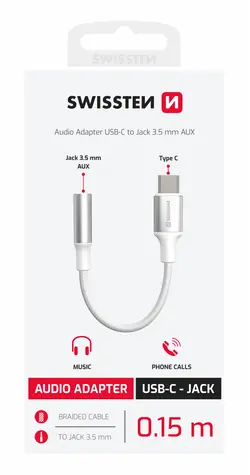 SWISSTEN TEXTILE Audio adaptér USB-C (M) - 3.5mm Jack 0.15m bílá