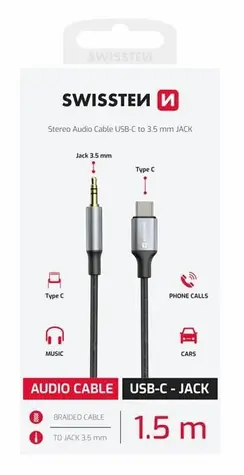 SWISSTEN TEXTILE Audio adaptér USB-C (M) - 3.5mm Jack 1.5m černá