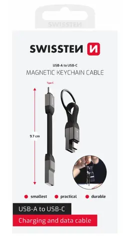 SWISSTEN Magnetický keychain kabel USB-A (F) - USB-C (M) 9.7cm / 15W