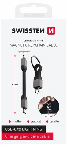 SWISSTEN Magnetický keychain kabel USB-C (M) - Lightning 9.7cm / 15W