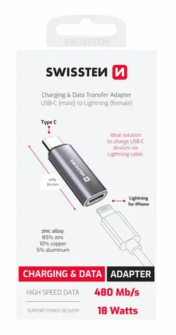 SWISSTEN TEXTILE OTG adaptér USB-C (M) - Lightning (F) stříbrná