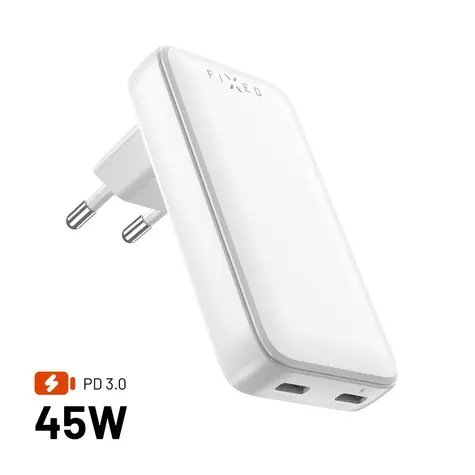 FIXED Síťová GaN nabíječka Slim s 2x USB-C výstupem a podporou PD 45W bílá