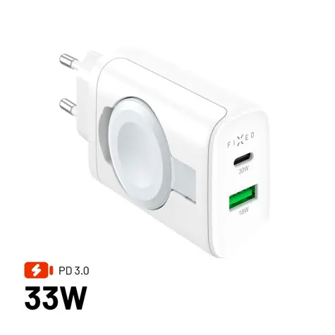 FIXED Síťová nabíječka Power Socket s USB-A a USB-C výstupem a vyklápěcí nabíječkou pro Apple Watch 33W bílá