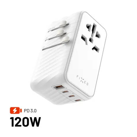 FIXED Cestovní adaptér Voyager 120W pro EU UK a USA/AUS s 3xUSB-C a 1xUSB výstupem GaN PD 120W bílý