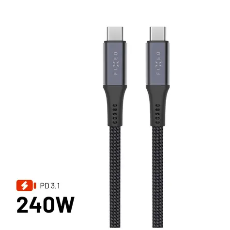 FIXED Dlouhý nabíjecí a datový opletený kabel s konektory USB-C/USB-C PD 3.1 2 m USB4gen2 20Gbps 4K60Hz 240W šedý