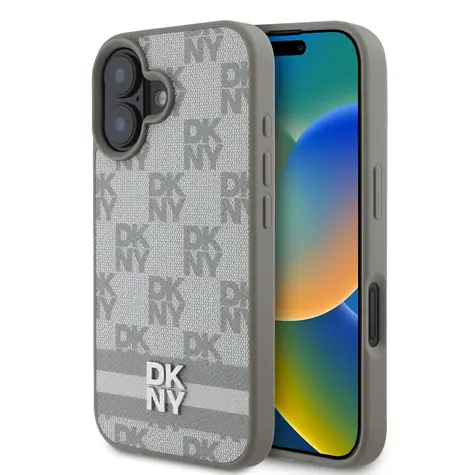 DKNY PU Leather Checkered Pattern and Stripe Zadní Kryt pro Apple iPhone 16 béžová