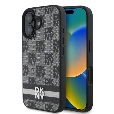 DKNY PU Leather Checkered Pattern and Stripe Zadní Kryt pro Apple iPhone 16 černá