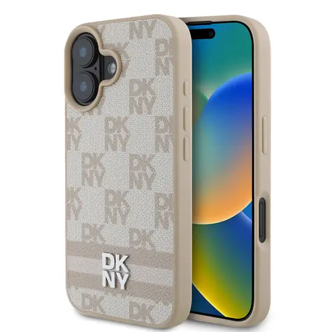 DKNY PU Leather Checkered Pattern and Stripe Zadní Kryt pro Apple iPhone 16 růžová